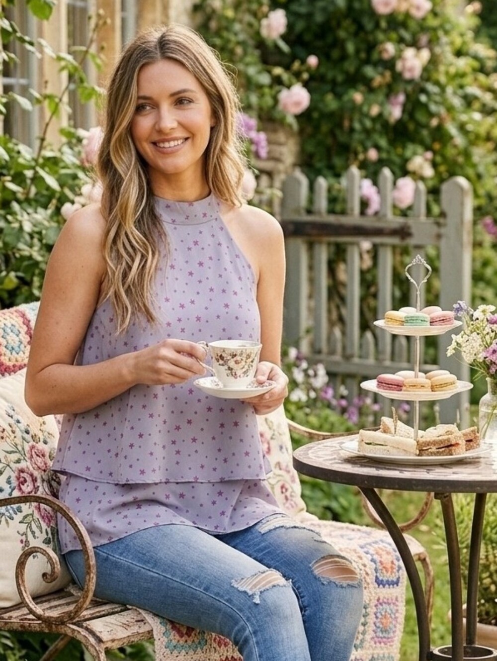 MITTOSHOP Lilac and Pink Star Ruffle Top.